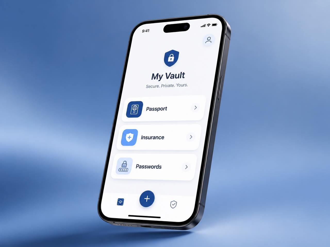 SafeNest on a phone showing saved passport, insurance and password items